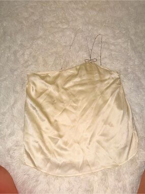 Cami NYC Cream Satin Strapless Top with Pearl Chain Accent and diamond bow
